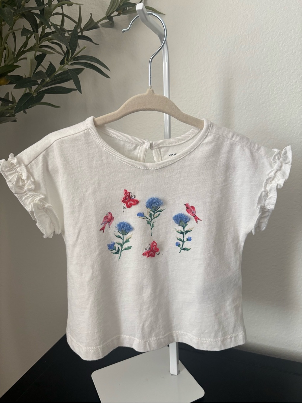 Janie & Jack White Girls Floral & Butterfly Embroidered Tee